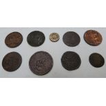 Five 18thC and early 19thC halfpenny tokens including St Helena and Newgate, together with a penny