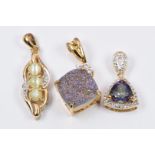Three 9ct gold pendants set with shimmer druzy quartz & diamond, cat's eye chrysoberyl & diamonds,