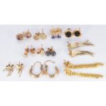 A collection of 9ct gold earrings including rope twist, amethyst set tri-coloured, pearls etc, 10g