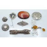 Brooches including Victorian agate, silver, Siam silver, silver dragonfly set with pressed amber,