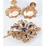 A pair of 9ct gold earrings set with cameos and a 9ct gold brooch set with sapphires, 7g