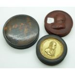 Three 19thC patch boxes comprising one with gilt metal lid and portrait in relief 'Charles Louis