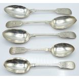 Early 20thC hallmarked silver fiddle pattern spoons comprising three table spoons and two dessert