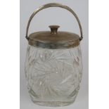 George V hallmarked silver mounted cut glass swing handle biscuit barrel or similar, London 1922