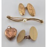 A 9ct gold brooch, two 9ct gold cufflinks and an unmarked locket, 7.3g