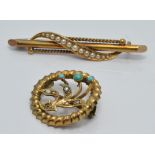 A Victorian yellow metal brooch set with seed pearls (3.3g) and a 9ct gold brooch set with seed