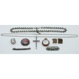 A collection of silver jewellery including a Victorian necklace set with paste, silver ring,