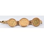 A 9ct gold bracelet set with a 1900 gold full sovereign, Sydney Mint mark and two gold half