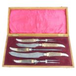 Edward VII hallmarked silver mounted carving set with antler handles, in fitted oak case,