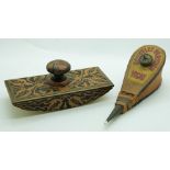 A 19thC penwork blotter and a French bellows pounce pot, longest 16cm