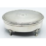 George V hallmarked silver oval jewellery casket raised on four feet, Birmingham 1919 maker W G