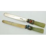 Pair of 19thC French jade handled knives set with enamel flowers with garnet and pearl centres