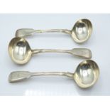 Victorian set of three hallmarked silver fiddle and thread pattern ladles, London 1844 maker William