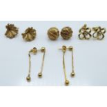 Four pairs of 9ct gold earrings, 12.9g