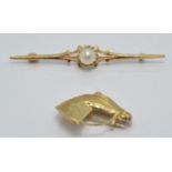 A 9ct gold brooch in the form of a horse's head and a 9ct gold brooch set with a pearl, 2.6g