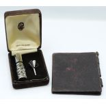 Modern hallmarked silver mounted perfume atomizer with miniature filling funnel, in gift box,