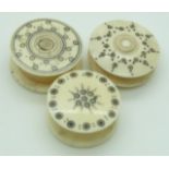 Three 19thC turned ivory Indian Madras ware waxers, diameter 2.5cm