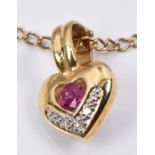 An 18ct gold pendant set with a synthetic ruby and diamonds (1.7g) on a 9ct gold chain (2.6g)