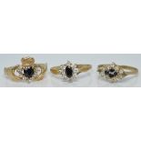 Three 9ct gold rings set with sapphires, 4.8g