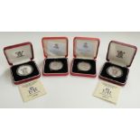 Four Royal Mint silver proof £5 coins, two for 1993 and two for 1997, all cased with certificates