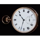 Unnamed 9ct gold keyless winding open faced pocket watch with inset subsidiary seconds dial, blued