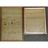 Two 19thC embroidery samplers, one Edith Gunner, Wavering School, 1824, largest 39 x 25cm