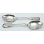 Pair of Victorian Scottish hallmarked silver fiddle and shell pattern dessert spoons, Edinburgh 1872