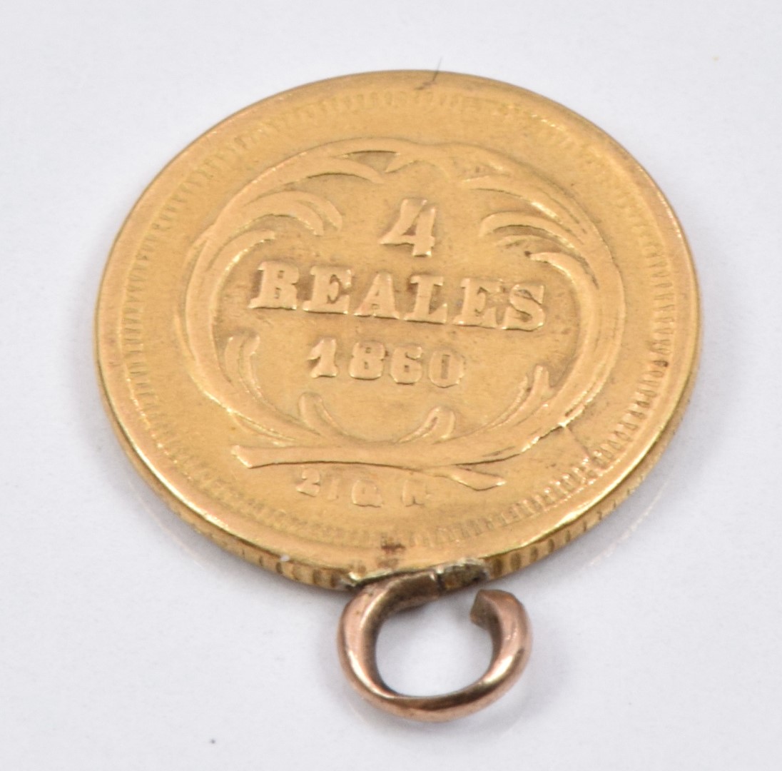 Rafael Carrera Guatamala 1860 Gold 4 Reales coin on small mount .375, 0.8g - Image 2 of 2