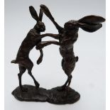 Paul Jenkins bronze study of boxing hares, signed to base, height 12cm