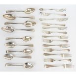 Part canteen of mainly Georgian Old English Pattern hallmarked silver cutlery comprising four