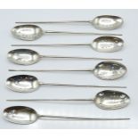 Set of eight modern hallmarked silver mote spoons, with pierced bowls, all Birmingham, 1985/86/98,