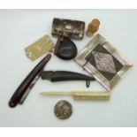 A collection of 19thC bijouterie and treen including an ivory dance card, treen nut snuff box,