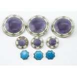 Edward VII set of six hallmarked silver and purple and blue guilloché enamel buttons, Birmingham