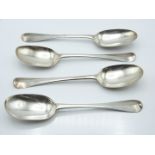 Set of four Queen Anne bottom hallmarked silver rat tail tablespoons, London 1709 maker Samuel