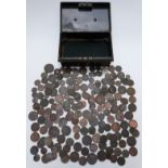 A vintage cash box containing a large collection of Georgian copper coinage, including Charles II,