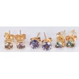 Three pairs of 9ct gold earrings set with mystic topaz, blueberry quartz and colour change garnet