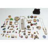 A collection of brooches including Victorian, silver scarf clip, plastic brooches, micro mosaic,