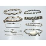 Nine silver bracelets including curb link, gate etc, 130g