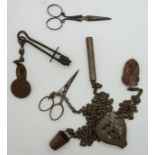 19thC cut steel scissors impressed Oliver, housekeeper's steel chatelaine and a skirt lifter