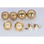 Two pairs of 9ct gold earrings (5.1g), a pair of 9ct gold earrings set with a pearl to each (2g) and