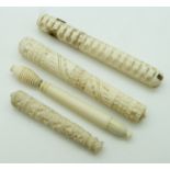 Four 19thC turned and carved bone/ivory needle cases including one in the form of a peg, longest