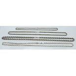 Four silver necklaces including curb link and rope twist, 117g