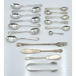 Quantity of various hallmarked silver teaspoons, sugar tongs, pickle fork etc, weight 256g