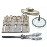 Hallmarked silver handled manicure set and further nail buffer, a cut glass and hallmarked silver