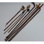 Collection of walking sticks including rhinoceros horn or similar with 9ct gold ferrule, London