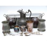 Silver plated and pewter tankards, fish kettle and a pair of Jaques bowls