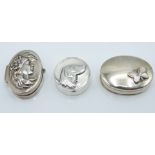 Three various trinket boxes, one embossed with a dog and marked 925 and with import silver