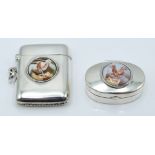 White metal vesta case and trinket box, both set with enamel scenes of nude ladies, height of taller