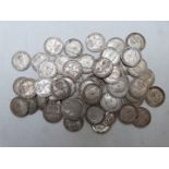 Approximately fifty six Edwardian silver threepence coins, approximately 79g in total