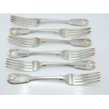 Victorian set of six hallmarked silver fiddle and shell pattern table forks, London 1856 maker